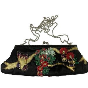 Beaded Christmas Clutch Multicolor Party Bag w/ Chain Strap